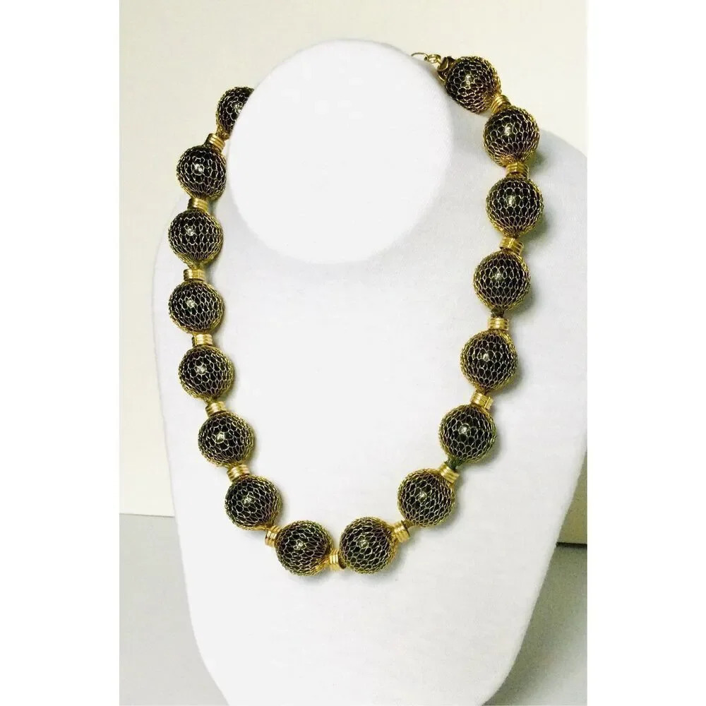 Vintage Womens‎ Black Gold Chunky Beaded Necklace With Extension Fashion Jewelry